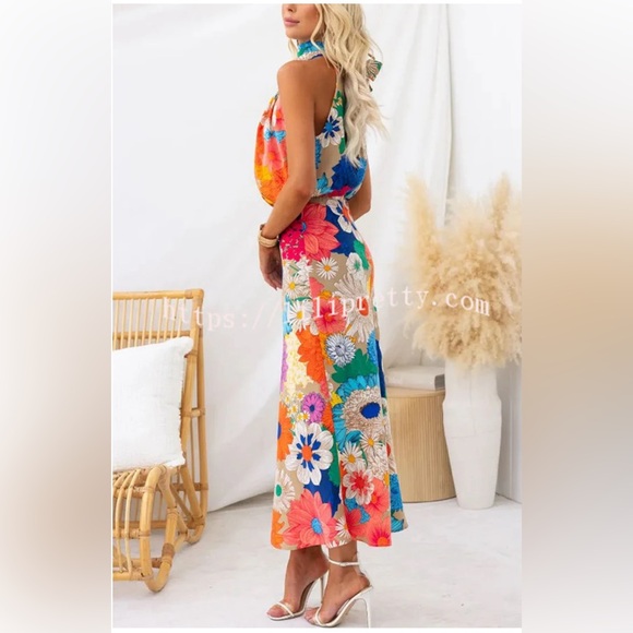 Lilipretty Floral Print Halter Neck Elastic Waist Party Maxi Dress - Picture 3 of 7